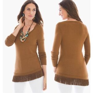 Chico’s Hazel Brown Fringe Long Sleeve Tunic Sweater Size Medium or 12 Holiday
